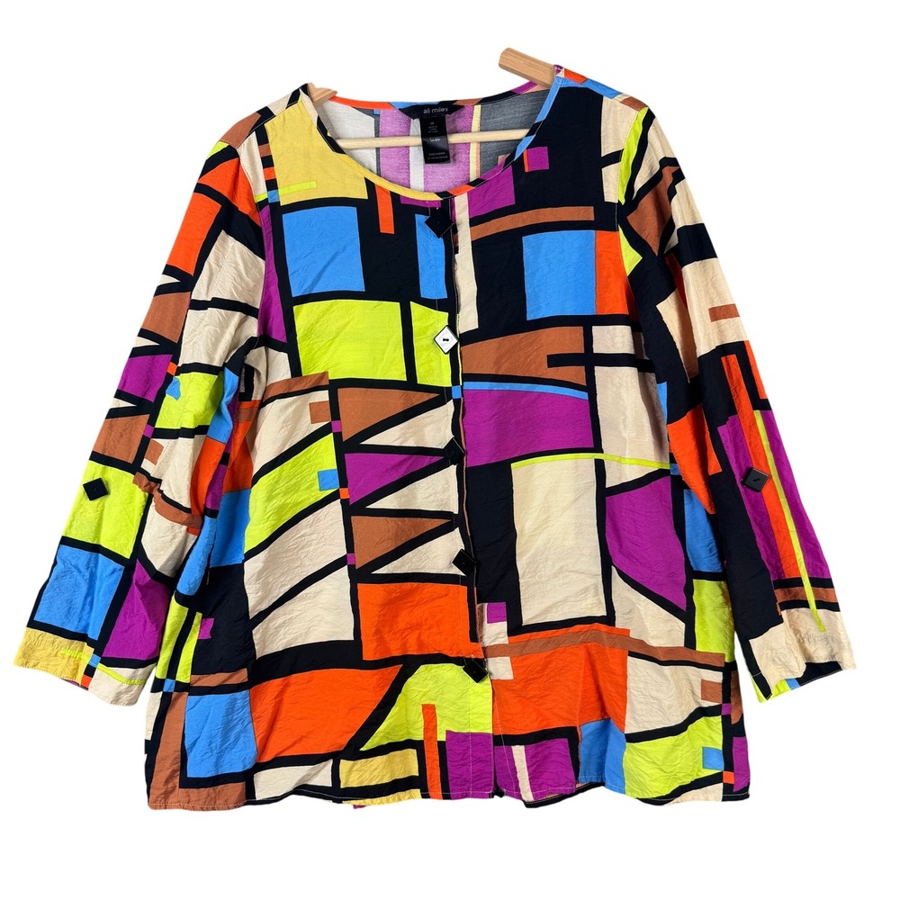 Ali Miles Geometric Abstract Art To Wear Button Front Blouse Top Medium